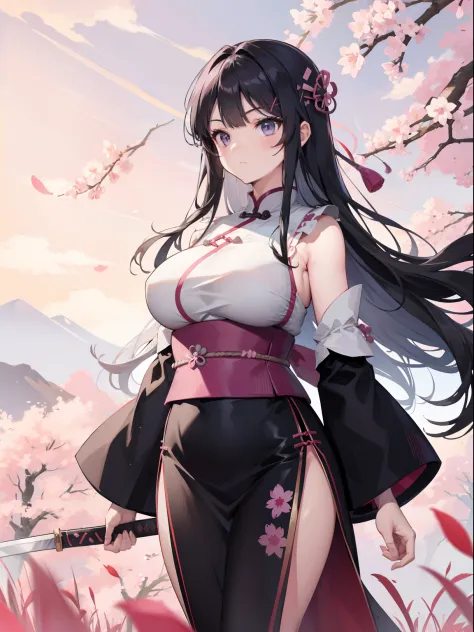 sword, japanese sword in hand, black long hair , chubby curvy body, medium-large breast, purple eyes, pink sky, grass field back...