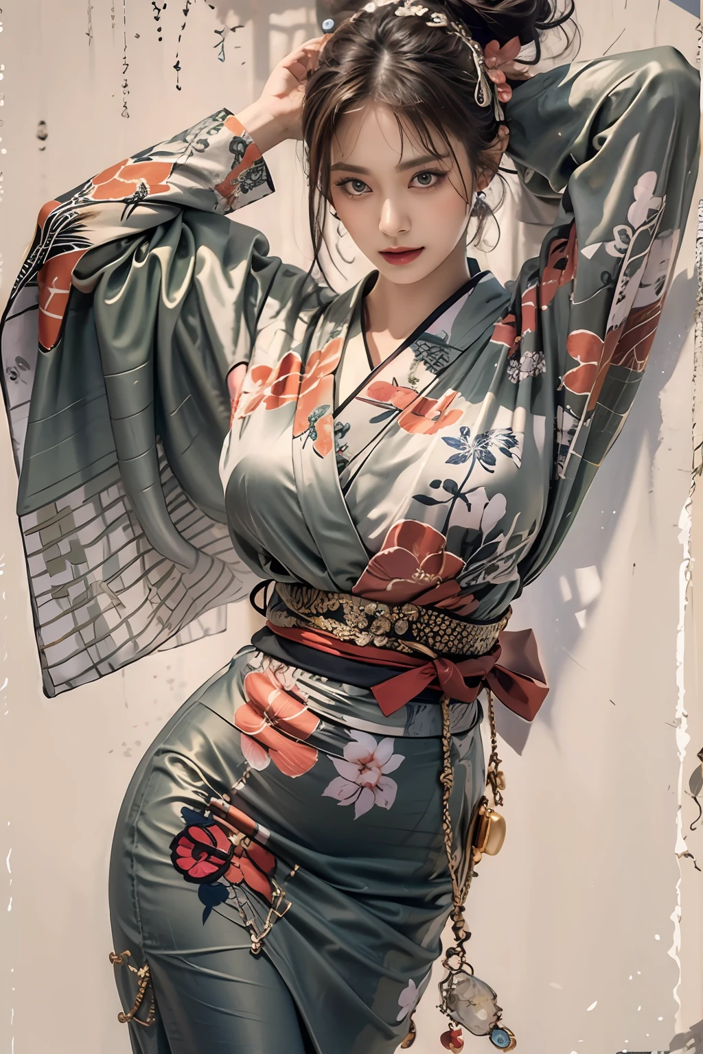 Photorealistic, High resolution, 1womanl, Solo, hips up high, look at viewr, (Detailed face), Kimono, The tattoo, Jewelry