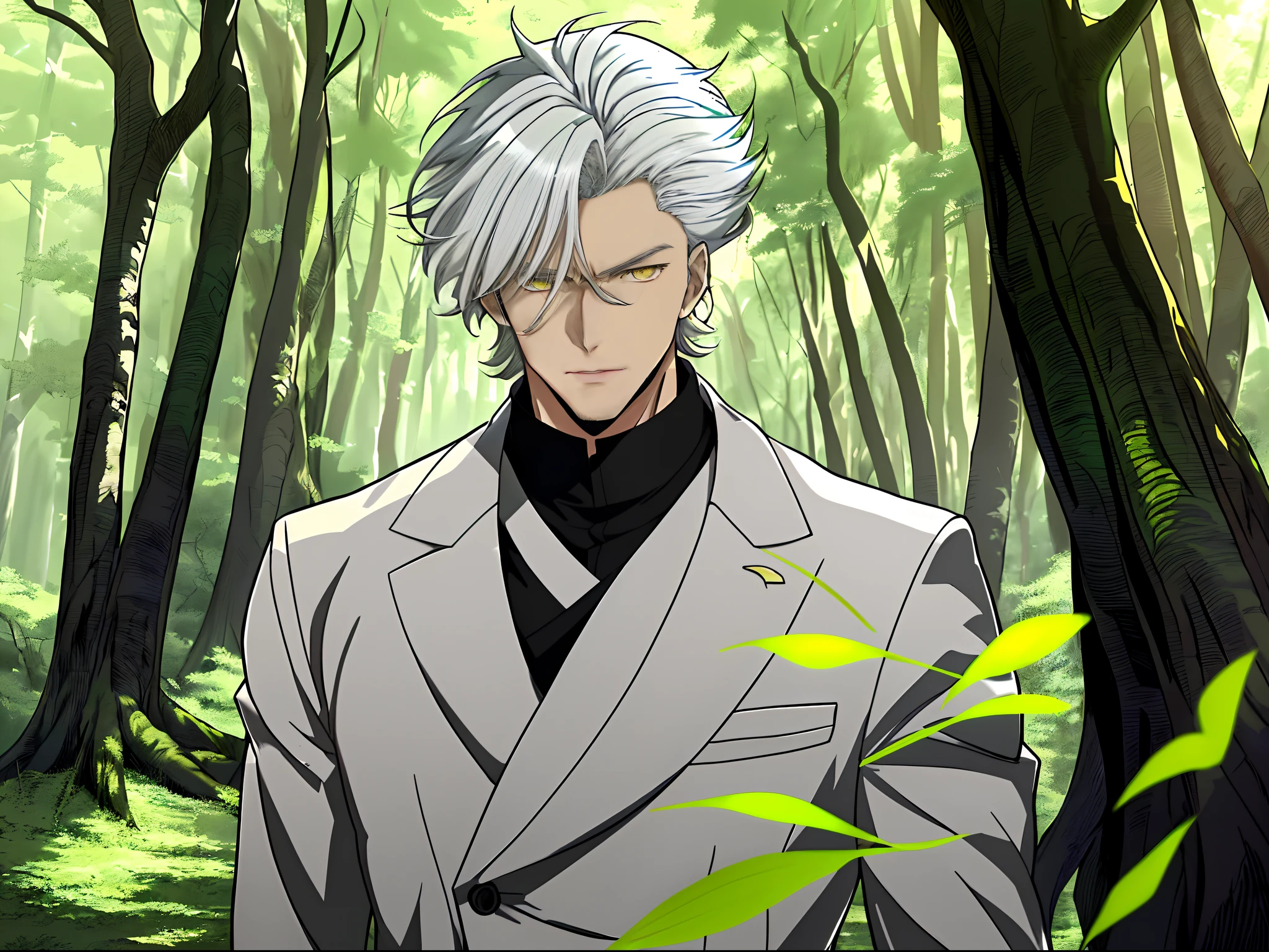 Anime characters with white hair and yellow eyes standing in the green  woods,White clothes，Anime portrait of a handsome man, Tall anime man with  yellow eyes, Anime handsome man, a silver haired mad -