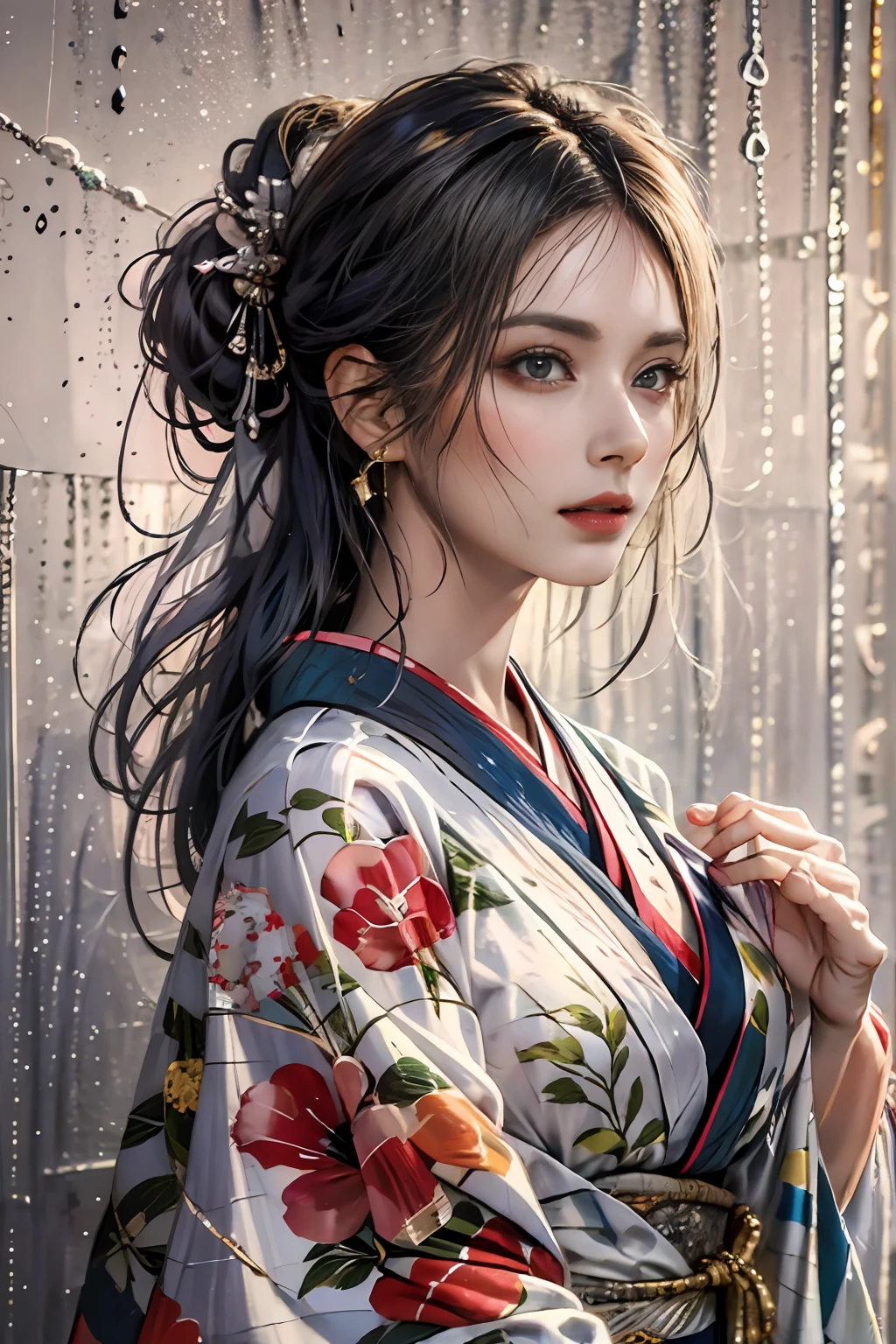 Photorealistic, High resolution, 1womanl, Solo, hips up high, look at viewr, (Detailed face), Kimono, The tattoo, Jewelry