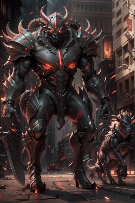Alien armies invade cities，Goat-faced demon ，Wear military uniforms，Pick up the axe，red - eyed，unholy，Fierce，rampage ，Powerful，Stand at the highest part of the city，Observe the city，Below is the army of demons，Epic war fantasy digital art，Epic Technology, ...