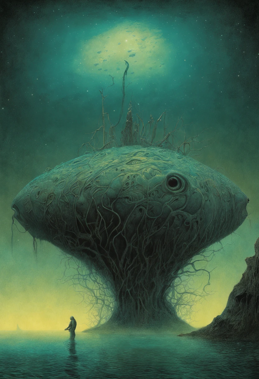 criaturas mitologicas, por Zdzislaw Beksinski, van Gogh, portada del álbum, Surrealismo, Futuristic ,submarino, seco, abstracto, oscuro, paisaje