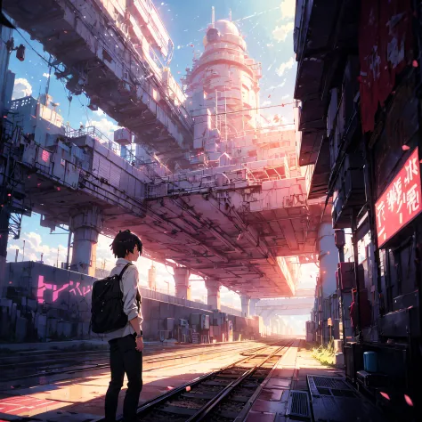 Masterpiece, anime train on tracks through a body of water, pink train. Romantic Train, Makoto Shinkai&#39;s picture, pixiv, con...