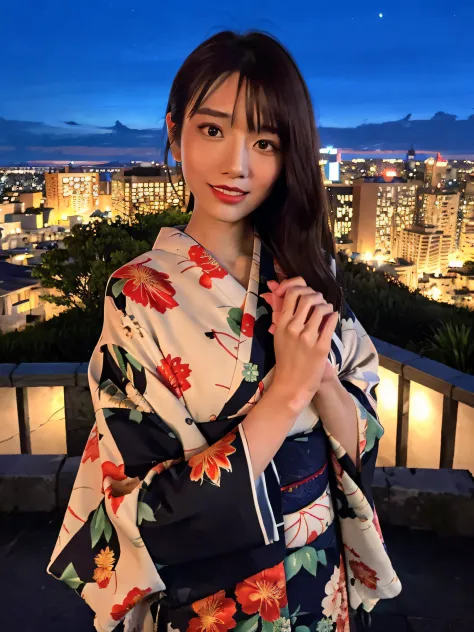 1girl in,(komono, Kimono, with floral pattern,  Blue kimono,  print kimono,  sash, Wide sleeves, Obi),(On a hill overlooking the city:1.4),(Raw photo, Best Quality), (Realistic, Photorealsitic:1.4), masutepiece, extremely delicate and beautiful, Extremely ...