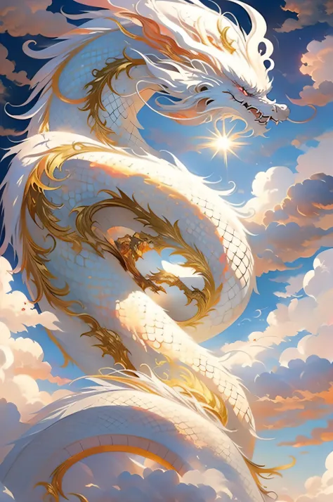 A white dragon，upon the clouds，Fire and sun as background