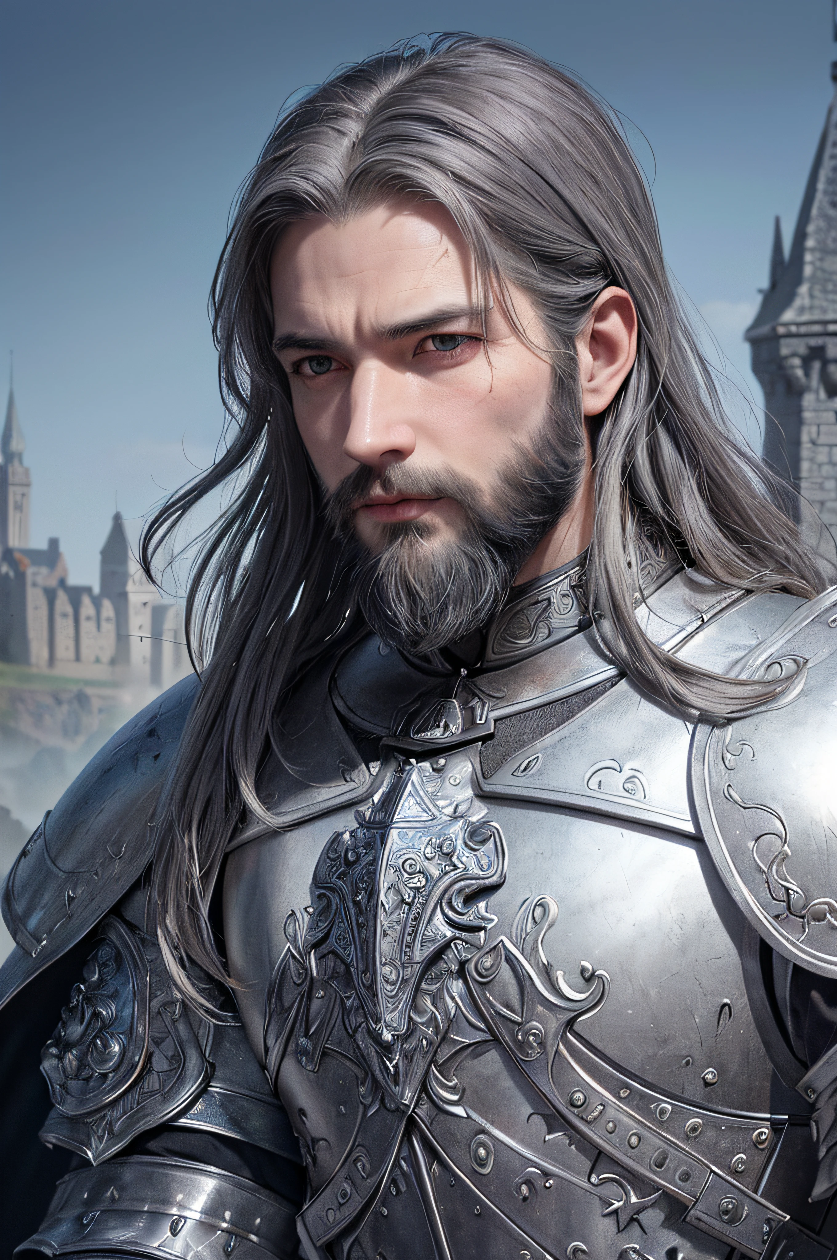 photorealistic, top quality, masterpiece, cinematic composition, slow motion, (medium shot of a medieval knight, sombre and weathered face, beard, grey hair:1.2), chain mail and plate armour, (realistic and detailed|intricate armour:1.1), (visible face:1.3), (photorealistic physiognomy|eyes|iris|skin|musculature, detailed skin, skin texture, natural skin), (holding a sword in his hand:1. 2), frontal perspective, imposing and determined pose, looking forward with determination, skin imperfections, natural skin wrinkles, natural skin spots, highly detailed clothes, abundant details, intricate details, realistic wrinkles in clothing, medieval fantasy landscape, cloudy sky, castle in the background in the distance, radiant lighting, deep shadows, dramatic scene, dark and cool colour palette, blue and grey tones, No other characters in the scene, abundant detail|intricate, detailed landscape, volumetric lighting, (detailed lighting), (detailed light reflections on armour:1. 1), 8k, highly detailed, UHD, HDR, photorealistic facial expression|hairstyle