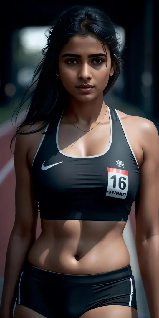 beautiful mature Indian college girl, in track outfit, outside on track field, ((slim, petite)), photorealistic, photo, masterpiece, realistic, realism, photorealism, high contrast, photorealistic digital art trending on Artstation 8k HD high definition de...