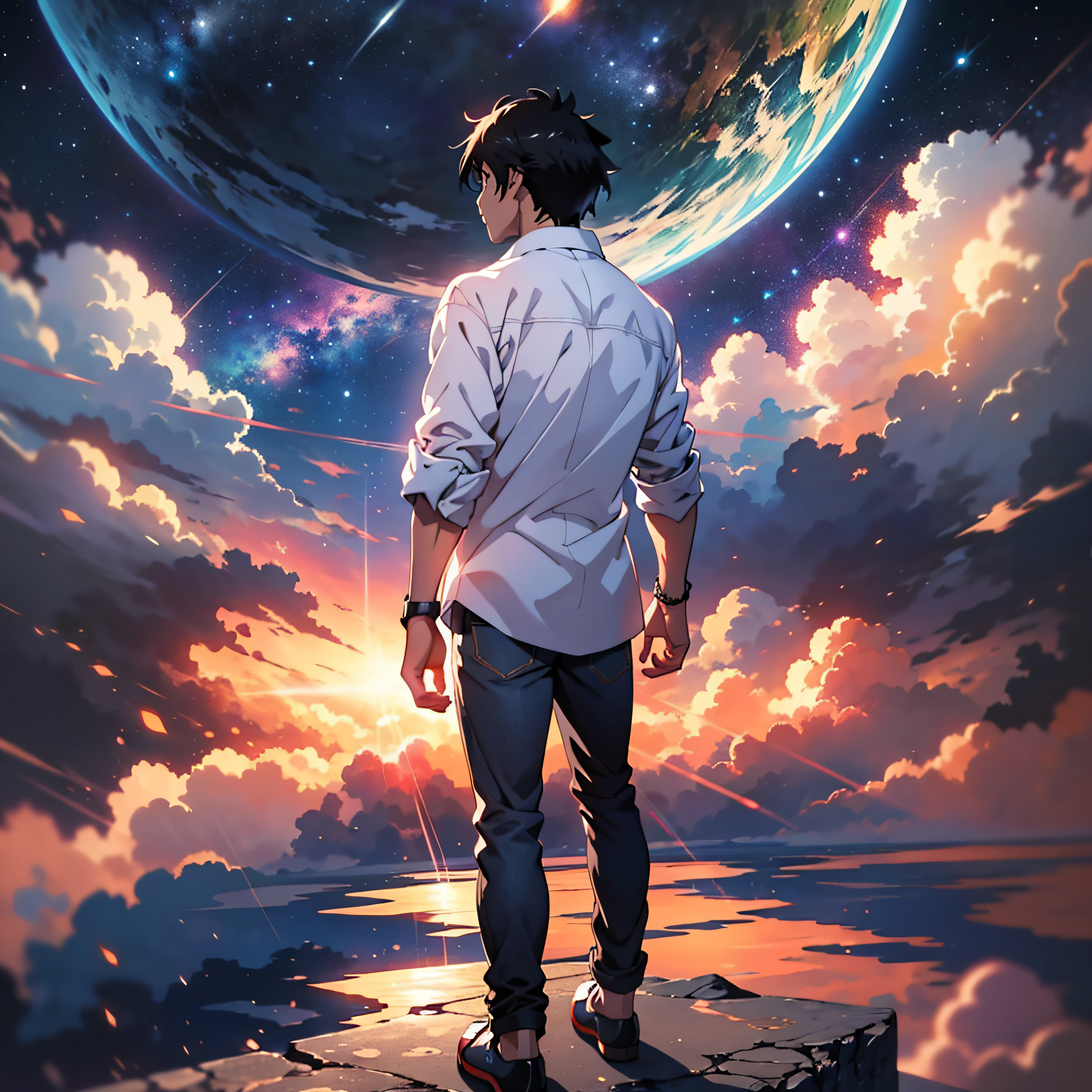 anime - escena de estilo de un hermoso cielo con una estrella y un planeta, cielos cósmicos. por Makoto Shinkai, fondo de pantalla de arte anime 4k, Fondo de pantalla de arte anime 4K, fondo de pantalla de arte anime 8 K, fondo de pantalla animado 4k, fondo de pantalla animado 4k, Fondo de pantalla animado 4K, cielo animado, increíble fondo de pantalla, fondo animado, planeta cielo en el fondo, fondo animado art, joven de pie, pelo negro, Camisa blanca, jeans negros, cielo azul.