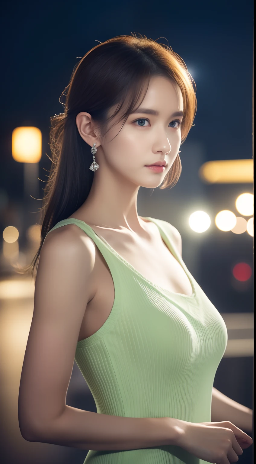 (Stand on a dark street),(the street lights),(Low-key lighting),(Night),randome pose, (An extremely delicate and beautiful work), (Masterpiece), 1girll, Highly detailed, waist leaking, Ponytail Contortion, Enchanted expression, beautiful and clear eyes, green eye pupil, Delicate necklace, Delicate earrings, fairy ears, Simple blurred background, Extreme detail description, Beautiful, Charming, Ultra-fine painting, Delicate face, Delicate figure, Fine collarbones, lovely lips, Beautiful breasts, soft behind, mix4,(8K, RAW photo, Best quality, Masterpiece:1.2), (Realistic, photo-realistic:1.37),1girll,Cute,Cityscape, Night, rain, Wet, Professional lighting, photon maping, Radio City, Physically-based rendering,