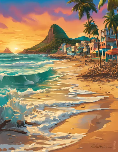 Gere uma imagem que capture a diversidade e a beleza do Brasil. Represent a coastal scene that displays the famous combination of golden sand beaches, coconut trees and the ocean of turquoise waters. in sky, Depict a vibrant and colorful sunset, refletindo...