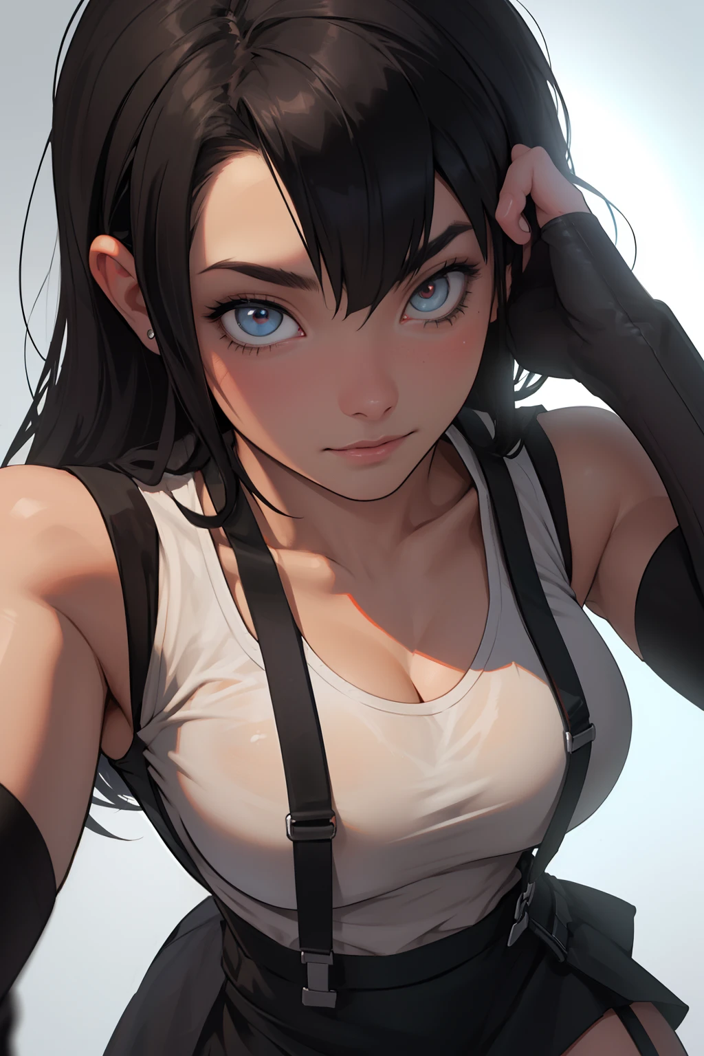 8k,masterpiece, bset quality,big, (1 girl), tifa lockhart, red_eyes, black hair, long hair, professional lighting, (shiny skin: 1.2), shiny big, ((best quality)), sharp focus: 1.2, highly detailed face and skin texture, detailed eyes, perfect face, perfect body, blur art, cg, background, Big breasts, presence (20yo, mature cool and beautiful face), wearing ((suspender black skirt), black elbow gloves, white taut shirt, thigh, white tank top), blush, (mittgal), random pose, top view,