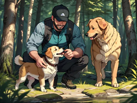 a man with a beard and a golden retriever dog, hiking clothes, wearing glasses, in the forest, the dog licking the man's face, t...