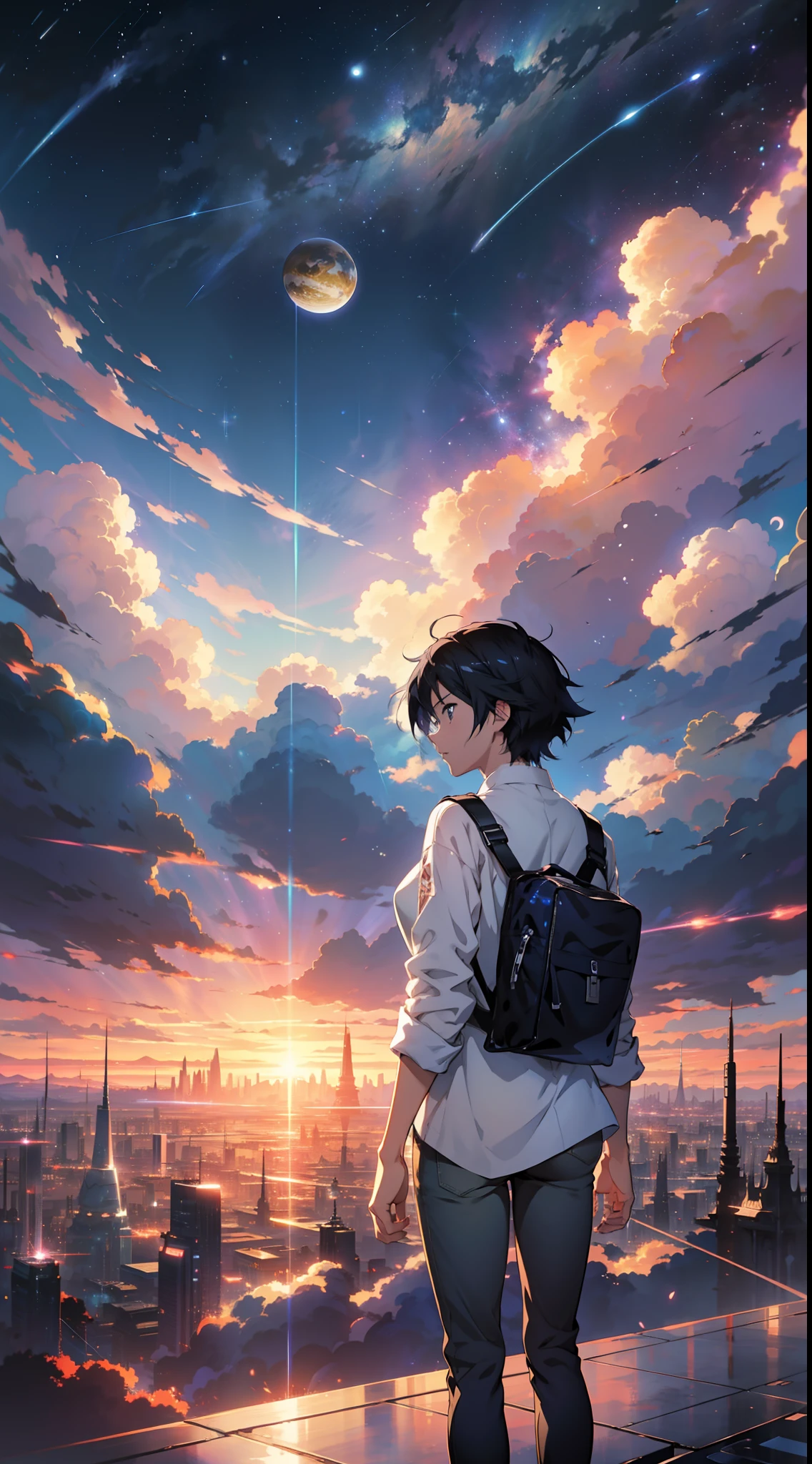 anime - style scene of a beautiful sky with a star and a planet, cosmic skies. by makoto shinkai, anime art wallpaper 4k, anime art wallpaper 4 k, anime art wallpaper 8 k, anime wallpaper 4k, anime wallpaper 4 k, 4k anime wallpaper, anime sky, amazing wallpaper, anime background, heaven planet in background, anime background art, standing young woman, black hair, white shirt, black jeans, blu sky.