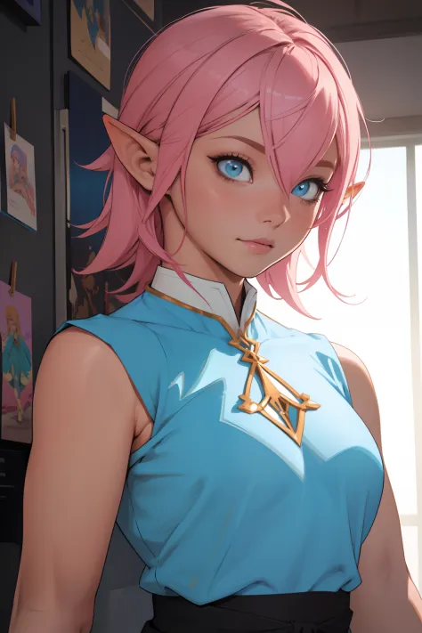 There is a drawing of a woman with pink hair and a blue dress, desenho colorido, reference art, Lineart colorido, fanart detalha...