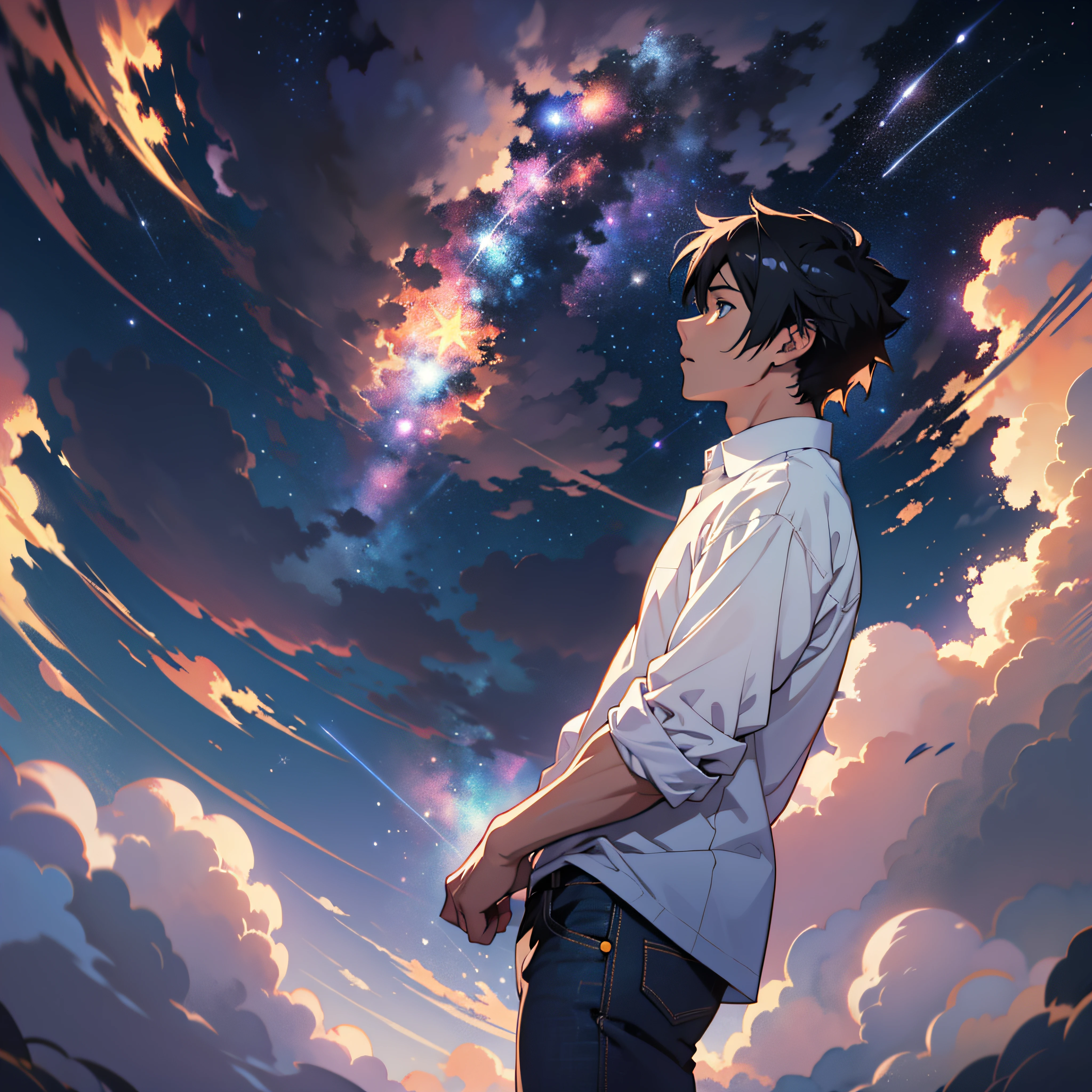 Anime - Escena de estilo de un hermoso cielo con una estrella, por Makoto Shinkai, fondo de pantalla de arte anime 4k, Fondo de pantalla de arte anime 4K, fondo de pantalla de arte anime 8 K, fondo de pantalla animado 4k, fondo de pantalla animado 4k, Fondo de pantalla animado 4K, cielo animado, increíble fondo de pantalla, fondo animado, fondo animado art, joven de pie, pelo negro, Camisa blanca, jeans negros, cientos de estrellas formando un círculo, obra maestra excepcional.