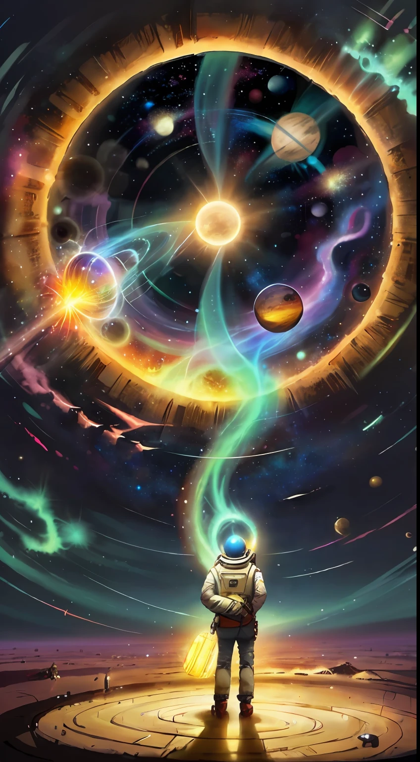 person, standing in front of a space portal overlooking the sun, Cyril Rolando and Goro Fujita, A portal to another universe, inspired by Cyril Rolando, Portal to another dimension, world, visible only through the portal, high quality fantasy stock photo, Portal to another world, Portal to outer space, in the style of Cyril Rolando,  Looking into space, universe, Magical Galactic Portal, The Cycle of the Stars, God