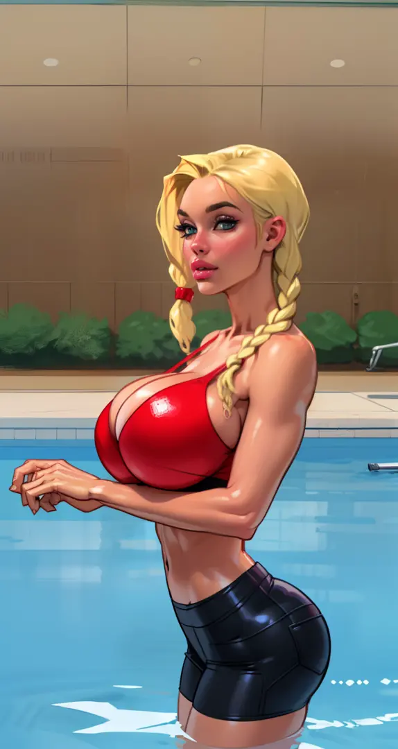 sexy ((twin braids:1.3)) wearing (tight distressed jeans:1.1)(perfect face), detailed face, (symmetrical eyes), perfect nose, (wears red bra:1.2), (gigantic breasts:1.5) (blonde hair combed to side:1.6)analog style posing against a pool  filled with guests...