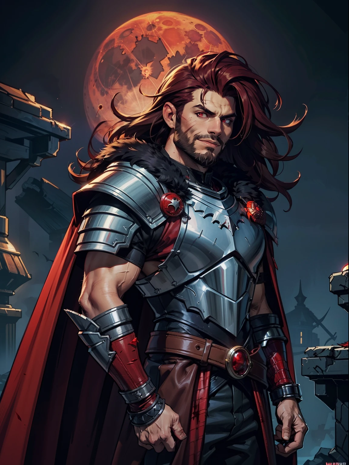 Dark night blood moon background, Darkest dungeon style, looking at the moon, game portrait, Sadurang from Marvel, hunk, wild mane hair, mullet, defined face, detailed eyes, short beard, glowing red eyes, dark hair, wily smile, badass, dangerous, wearing armor set of red dragon scales, cape of furs
