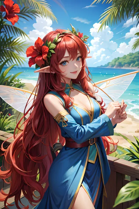 (Face Focus)、(1womanl、独奏、Tanned dark skin、a cool)、(red hairs、The long-haired、Blue eyes、a smile)、Hibiscus Fairy、The costume、fairy wings、hibiscus、Leprechaun、elf-ears、Hibiscus blooming hill、Gold crown on the head、hibiscus hair ornament、Vast sky、blue-sky、Vigor...