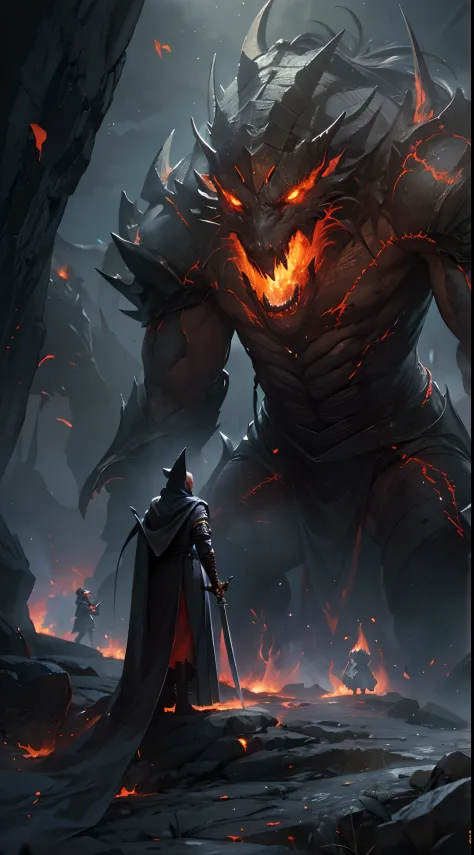 ultra detailed, beautiful and aesthetic, beautiful, masterpiece , mystery , atmospheric , fantastic , supernatural , best quality , cavern , 1 man , 1 demonic monster , very big monster , man killing monster , man has long black hooded robe , he can use ma...