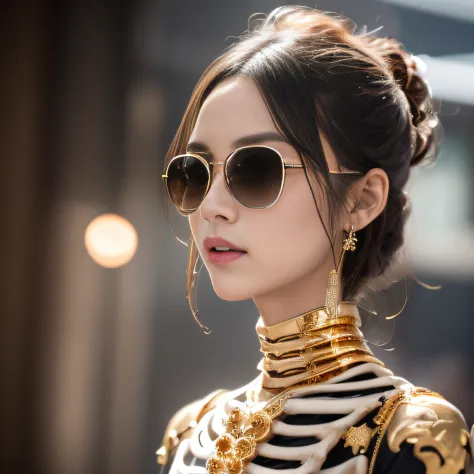 Skeleton style，Wear thick gold-framed reflective sunglasses，32K（tmasterpiece，k hd，hyper HD，32K）Light orange flowing hair，Silver skull jewelry area in the cave，Indigo Skull King ，Skeleton protector （The skeleton is realistic：1.4），Skull pattern robe，Silver s...