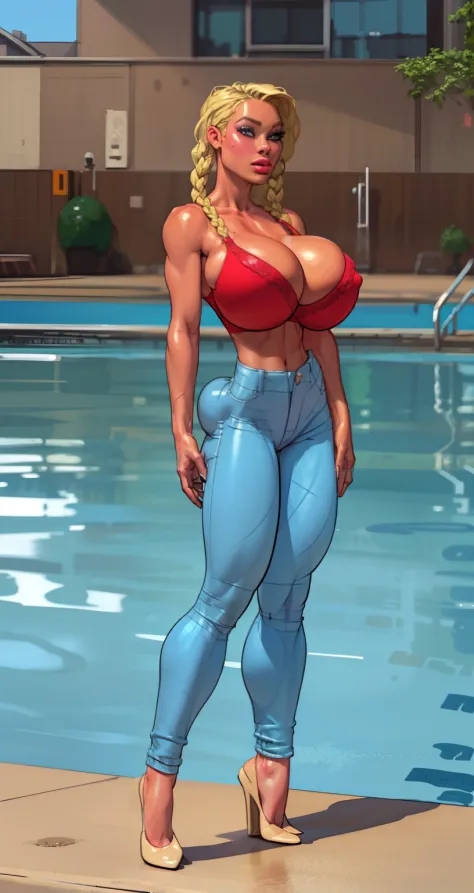 sexy ((twin braids:1.3)) wearing (tight jeans:1.5)(perfect face), detailed face, (symmetrical eyes), perfect nose, (wears red bra:1.2), (gigantic breasts:1.5) (blonde hair combed to side:1.6)analog style posing against a pool  filled with guests, cinematic...