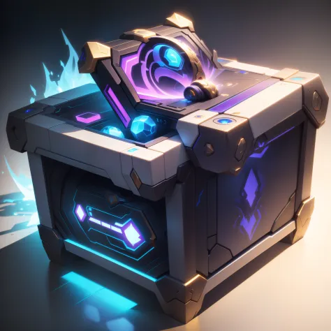 Best quality,Masterpiece,Game icon,(Masterpiece, Top quality, Best quality, offcial art, Beautiful beauty :1.2),(8K, Best quality, Masterpiece :1.2),(((White background,))), (item/Baoxiang),fantasy,Mechanical chests，Cyberpunk Style,purple and blue colored，...