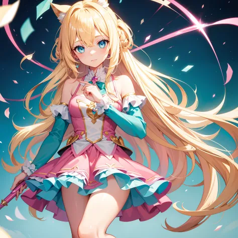Long blonde hair，Turquoise eyes，Pink magical girl dress，Magic wand，Magic，Shyly pressed her own upturned skirt with her hand
