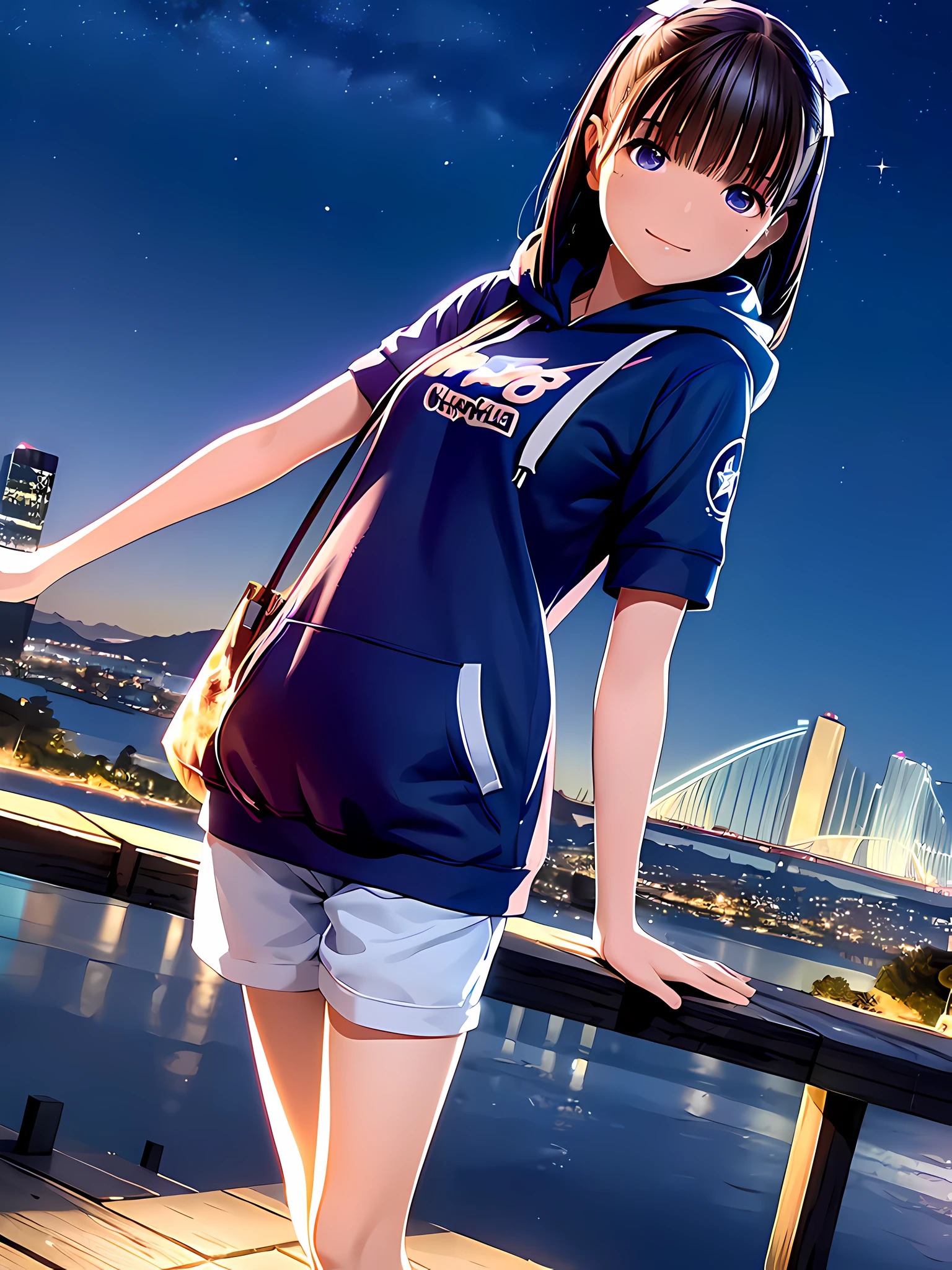 hight resolution,in 8K,Best Quality,detaileds,semi - realistic anime,Anime 3D Style,Smooth Anime CG,1 girl in,20 year old woman in Japan,slim,modeled,shiny chestnut hair,Medium Hair,Detailed face,Beautiful and detailed eyes,((Hoodie with short sleeves)),((white short pants)),look up sky,on a hill,nighttime scene,deep in the night,((night sky full of stars)),bustup,The wind is blowing,