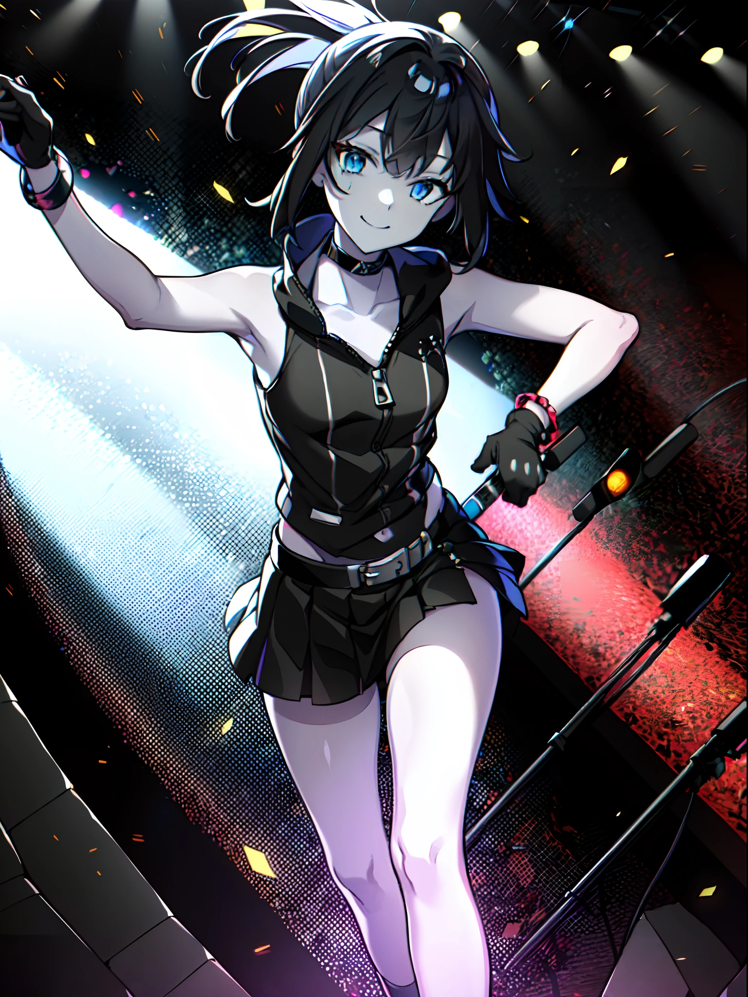 (masterpiece:1.2), (pale skin:1.2), (8k:1.2), (solo:1.2), (female:1.1), (emphasis lines:1.3), black hair, blue eyes, bare shoulders, bracelets, armbands, gloves, (collarbone:1.1), skirts, thighhighs, (indoor:1.3), choker, (punk rock:1.2), (on stage:1.1), smile, (performing:1.2)