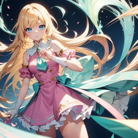 Long blonde hair，Turquoise eyes，Pink magical girl dress cospaly，Shyly, he pressed his upturned short skirt with his hand，In the art room