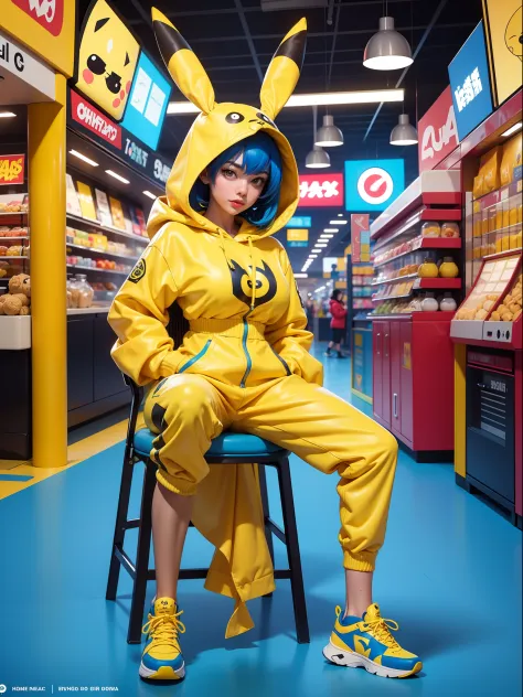 Just one woman, wearing a cute pikachu costume, with yellow sneakers, extremely tight and tight costume, gigantic breasts, blue ...