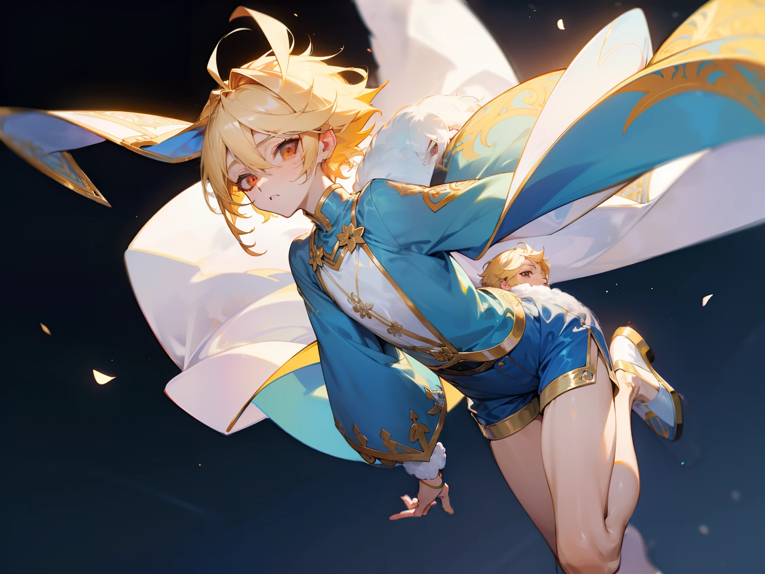 Anime girl with blue and gold outfit flying in the air - SeaArt AI