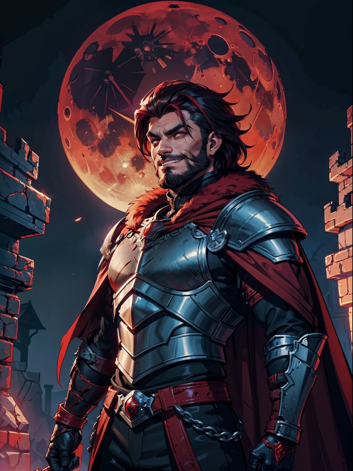 Dark night blood moon background, Darkest dungeon style, looking at the moon, game portrait, Sadurang from Marvel, hunk, short mane hair, mullet, defined face, detailed eyes, short beard, glowing red eyes, dark hair, wily smile, badass, dangerous, wearing armor set of red dragon scales, cape of furs