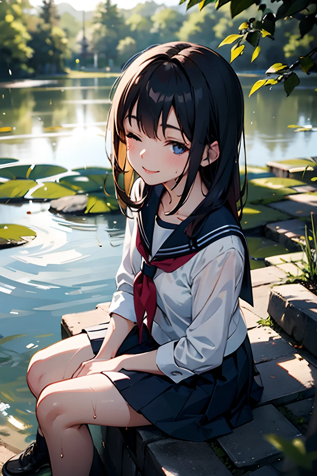 1girll, Sitting, Pond view, beam of light, Particle, (The background is blurred out), Dramatic lighting, Wet, Dappled sunlight, Smile, Eyes closed, From above, serafuku