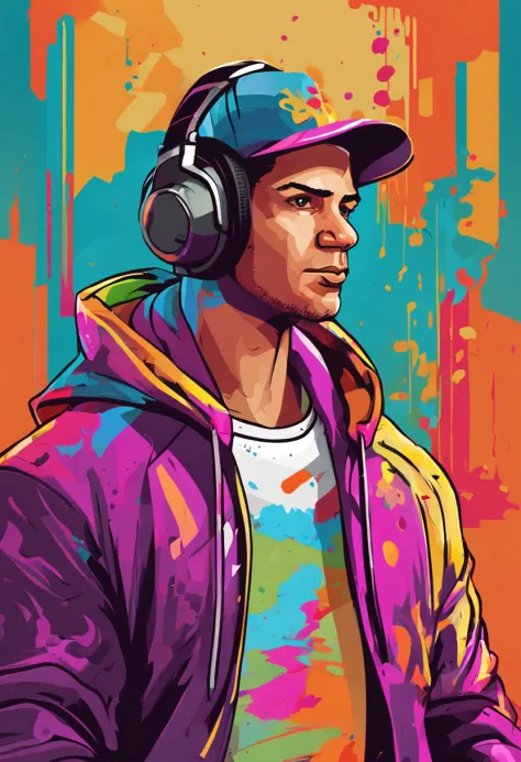 "Create a gamer-themed 1280×720 logo featuring a young male dark-haired character. The character should be wearing a stylish sweatshirt and have a pair of headphones around his neck. The logo should exude a sense of emotion and enthusiasm associated with g...