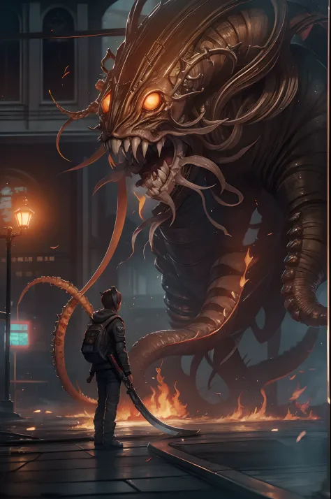 Cinematic image effects，Invasive alien creatures，Kirin head，Huge pliers，Spooky tentacles，blood vess，，Murderous，Full body like，combats，The city was destroyed，Dispersed crowds for their lives，blasts，fire glow，废墟，of a real，Facial features are carefully depict...