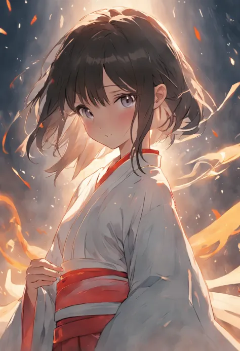 A girl of about fourteen years old，brunette color hair，The upper part of the body，eye closeds，short detailed hair，Wear a white Hanfu short Confucian skirt，The ends of the hair flutter in the wind，His right hand is invisible behind his back，Sandwiched betwe...