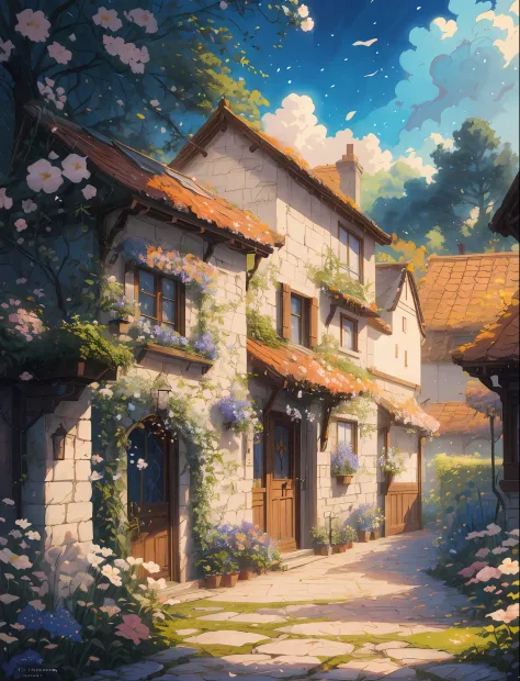 there is a painting of a house with a garden and flowers, andreas rocha style, by Yang J, anime background art, detailed digital painting, painted in anime painter studio, flowery cottage, highly detailed digital painting, silvain sarrailh, by Ryan Yee, in...