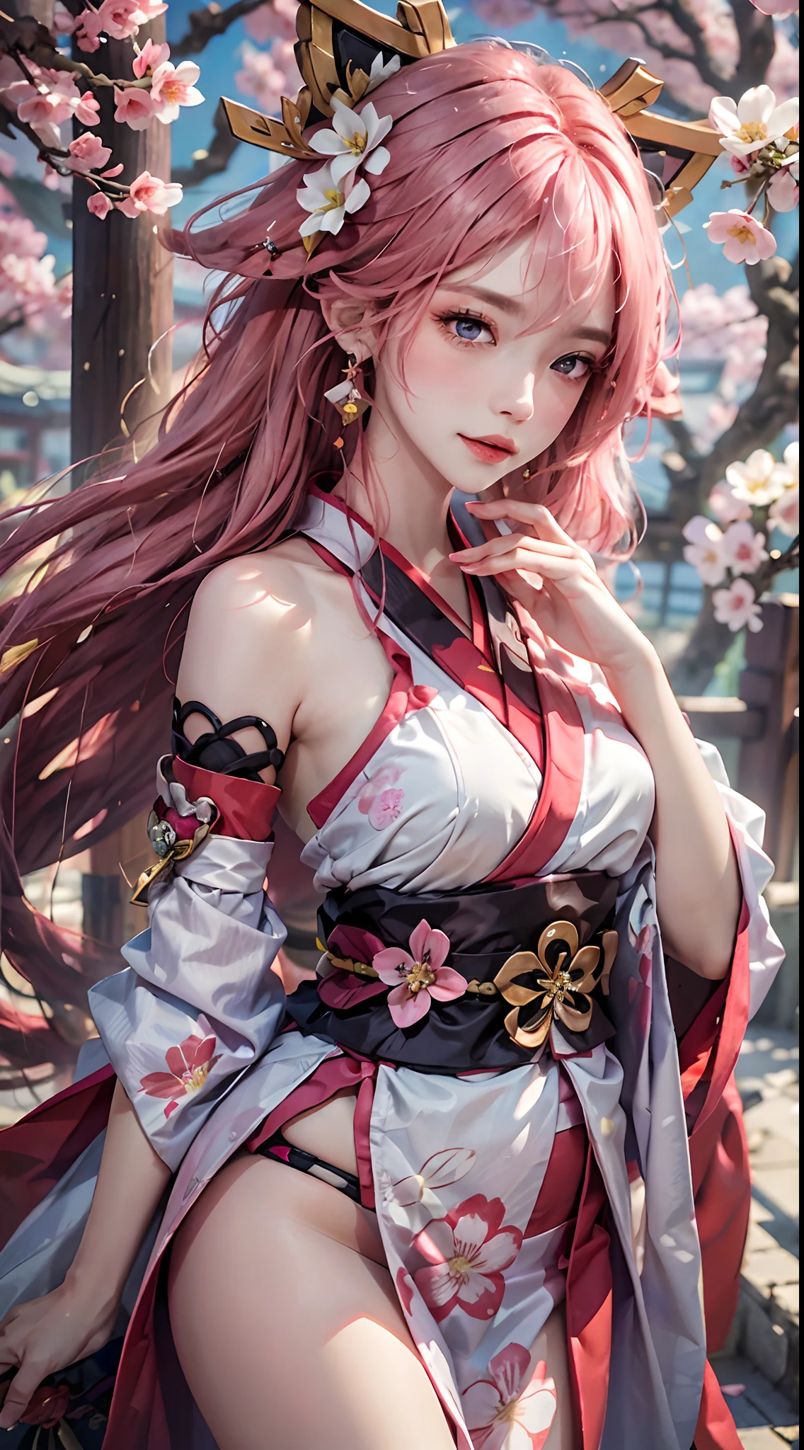 ((masterpiece, best quality)), (1girl),((mature female)), animal ears, bare shoulders, blush, breasts, cherry blossoms, closed mouth, detached sleeves, earrings, fingernails, flower, fox ears, gem, hair between eyes, hair ornament, hand up, japanese clothes, jewelry, kimono, long hair, looking at viewer, medium breasts, miko, nontraditional miko, pink eyes, pink flower, pink hair, purple gemstone, short kimono, sidelocks,standing, yea miko \(genshin impact\),