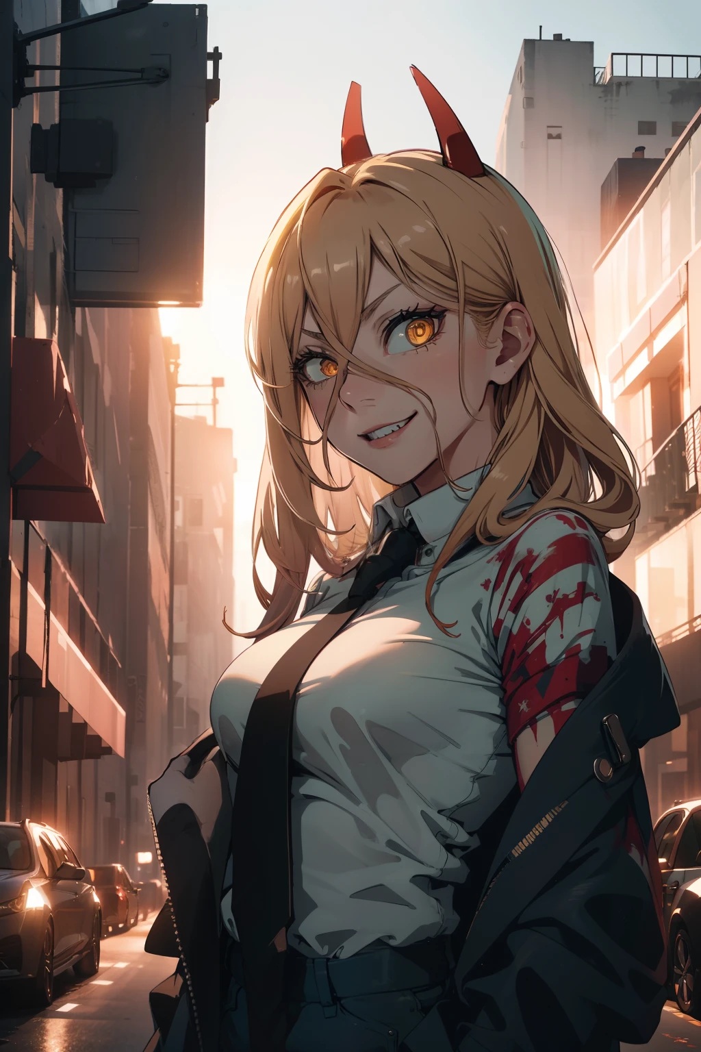 masterpiece, gorgeous, best quality, highres, 1girl, ((solo)), colorfull, blonde, dangerous,vivid eyes,(yellow eyes), alone, , mesmering eyes, neon, smilling, scary smile, madness, ((blood, colorful, ink)) BREAK intimate,cyberpunk, digital art, high details, modern, intricate, perfect face, traced lights, scary, (sensual), misteryous, blood, cinematic BREAK , backlight, glowing eyes, artistic, wallpaper, black tie, fog, BREAK superior, long hair, absurdes, crazy smile, HyperStylizeV6, power \(csm\), symbol-shaped pupils,