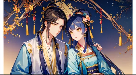 Tanabata 1 male and 1 female couple masterpiece, Professional lighting, photon maping, Radio City, Physically-based rendering,, full bodyesbian,absurderes, A high resolution, skylines, Beautiful detailed sky, Covered ,(Hanfu, Ming style),Yellow eyes,