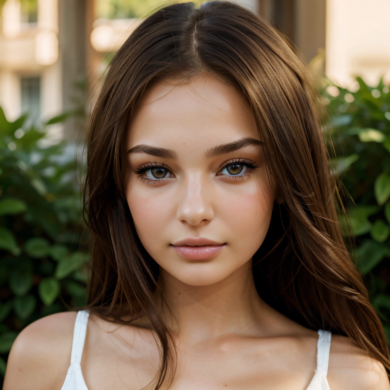 A close up of a woman with long hair wearing a white tank top - SeaArt AI