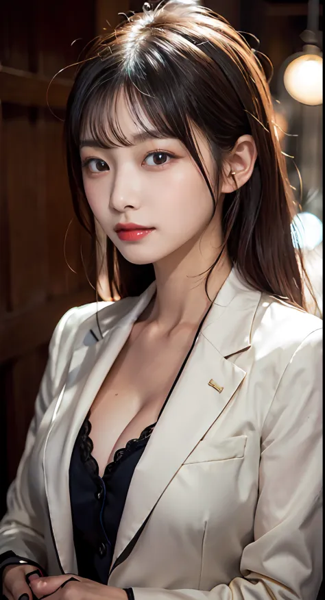 there is a woman in a suit posing for a picture, (((huge tit))), ((cleavage of the breast)),(( nippleless)),gorgeous chinese model, Japan person model,(((beautiful countenance))),(((big eye))),(((Beautiful eyes))),(((long lashes))),((Beautiful teeth alignm...