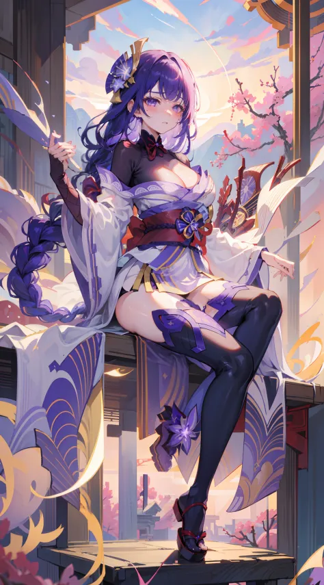 cheerfulness, Bared legs, japanese temples, (Highest quality，Masterpiece，8k wallpaper:1.2)，((Pale skin))，1girll，Solo Woman，((Genshin_impact，Raiden general))，Lightning particles，Purple thunderbolt，Bright background，the cherry trees，purple color-theme，Delica...