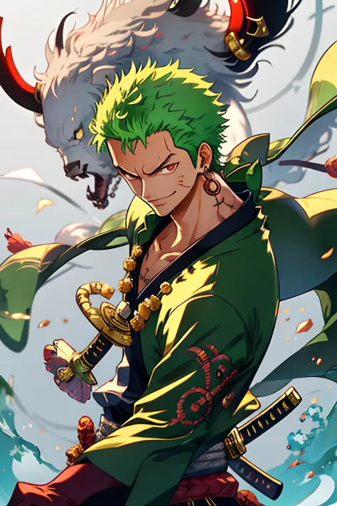 zoro, Solo, view the viewer, Smile, Short hair, Red eyes, 1boy, Holding, jewelry, Upper body, arma, Male focus, Earrings, Japanese clothes, Green hair, Horns, sword, komono, holding weapon, From the side Side, tattoo, Glowing, Scar, holdingsword, katana sw...