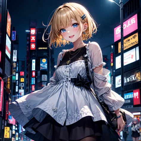 absurderes, (独奏:1.5,)ultra-detailliert,bright colour, extremely beautiful detailed anime face and eyes, view straight on, ;D, shiny_skin,25 years old, Happy smiling face、Short hair, , asymmetrical bangs, Blonde hair with short twin tails, Shiny hair, Delic...