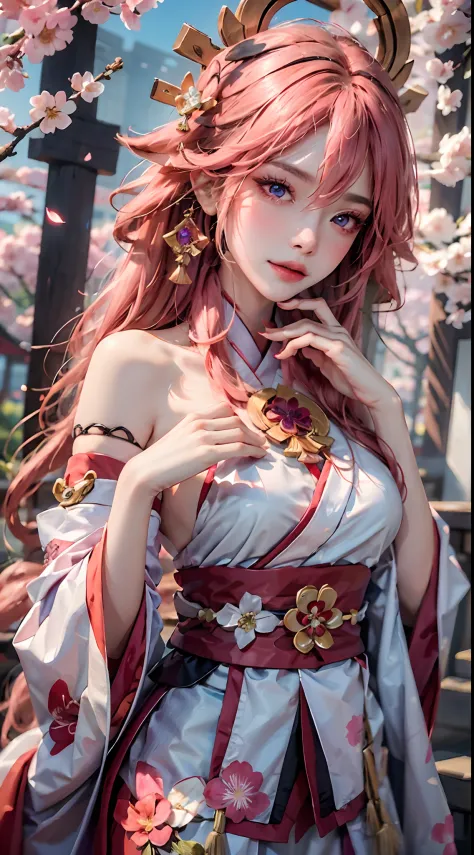 ((masterpiece, best quality)), (1girl),((mature female)), animal ears, bare shoulders, blush, breasts, cherry blossoms, closed m...