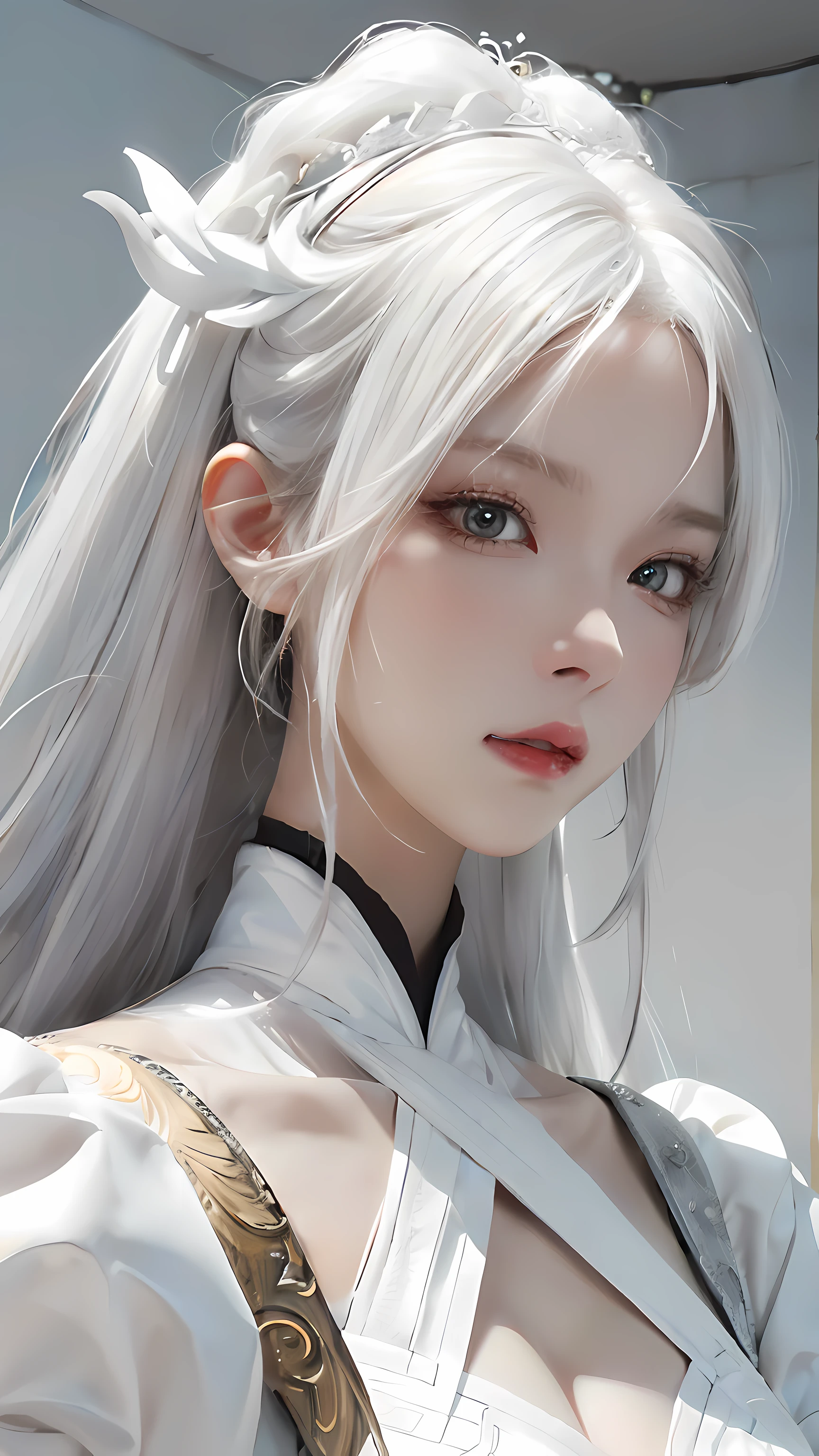 close-up of a woman with white hair and white mask，Belle peinture de personnage，Guviz，Guviz-style artwork，White-haired god，Epic and beautiful character art，Guvitz at the Pixiv Art Station，In the house