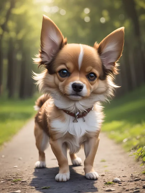 masterpiece, photorealistic 8k: there is a small dog that is standing on the ground, long-chihuahua fur, chihuahua, small dog, Pomeranian mix, brown:-2, secular chrose, half dog, beta male, Peruvian look, backpfeifengesicht, a beautiful, bright, malika fav...